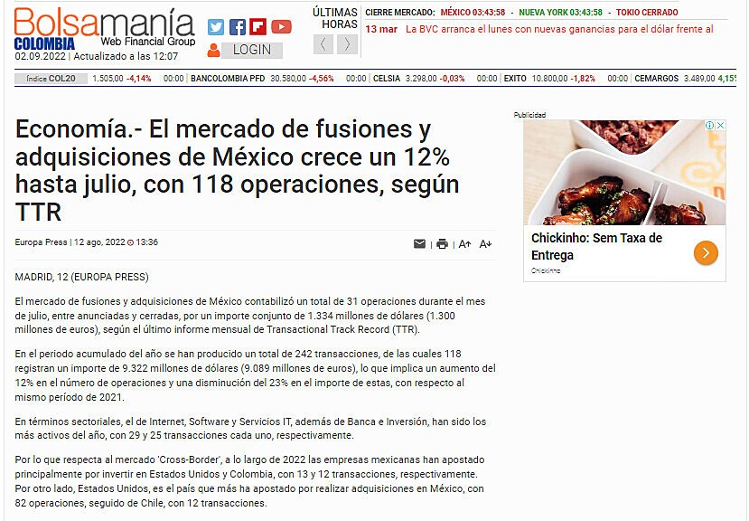 Economa.- El mercado de fusiones y adquisiciones de Mxico crece un 12% hasta julio, con 118 operaciones, segn TTR